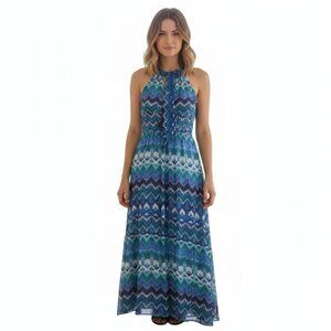 Eliza J Blue & Green Geometric Halter Maxi Dress – Size 10